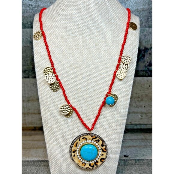 Plunder Necklace COLE - RED BEADED CHAIN,GOLD CIRCLES 33.5"-35.5"  New in Box - Picture 1 of 12
